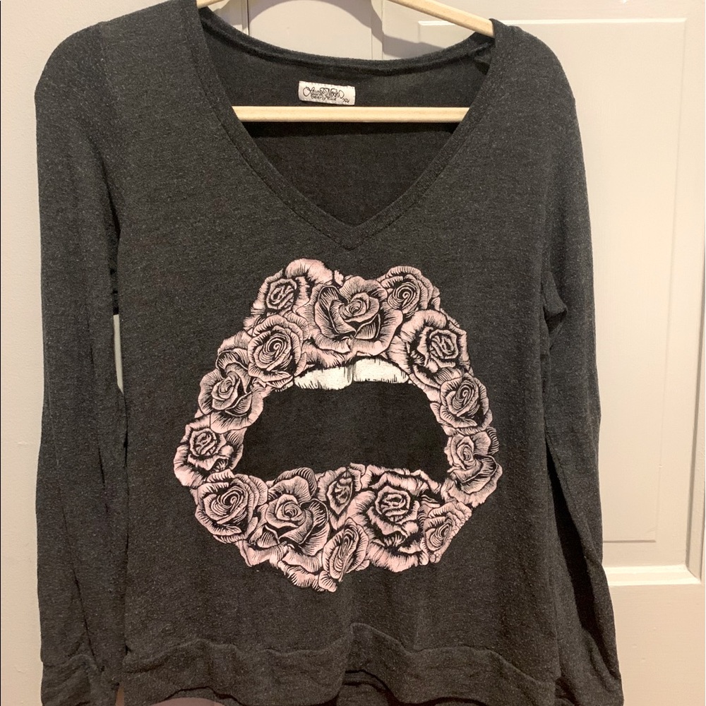 Lauren Moshi Grey Flower Lips Long Sleeve Size XS